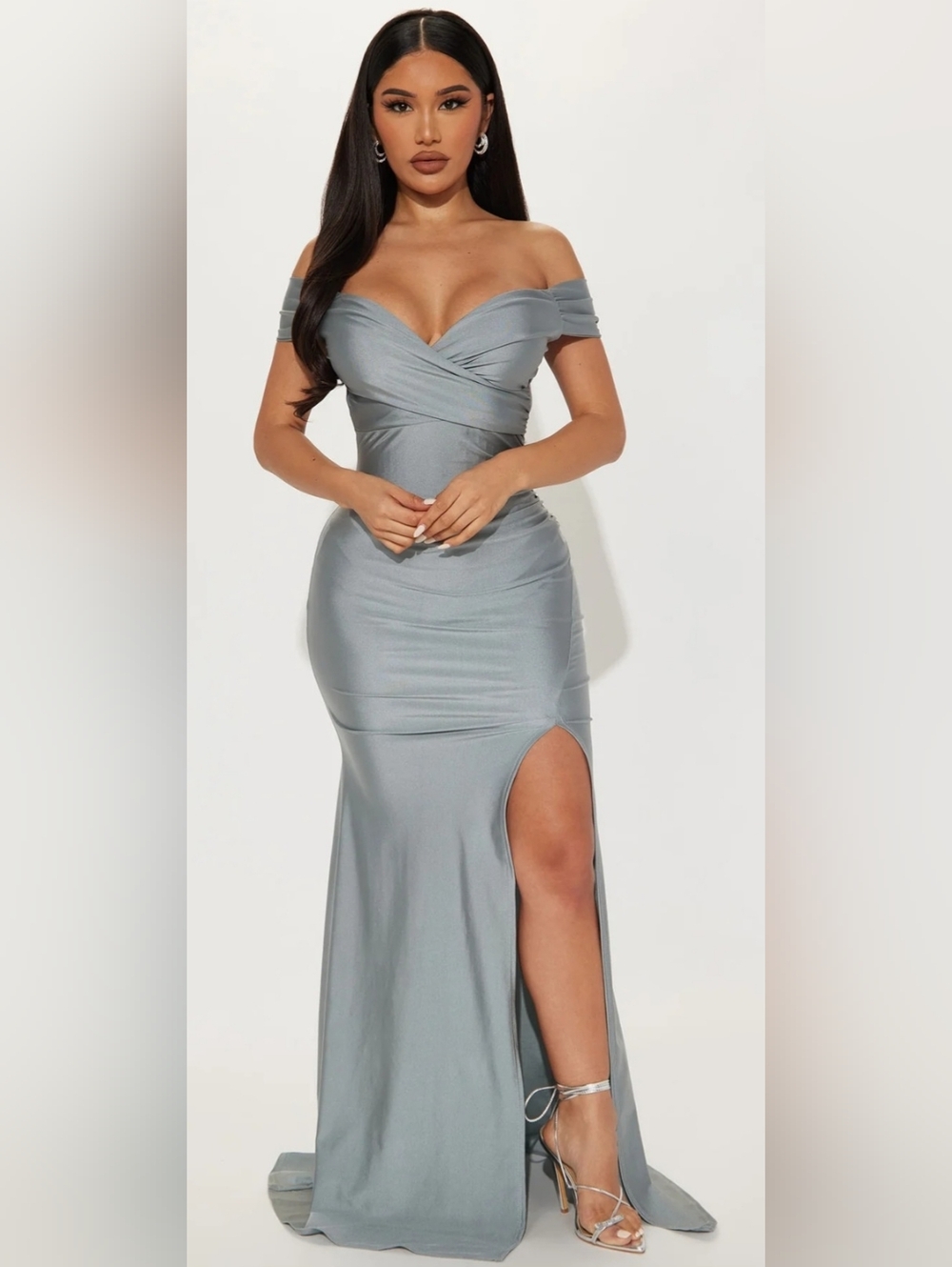 Fashion Nova One-Shoulder Silver Gray Evening Gown with Side Slit